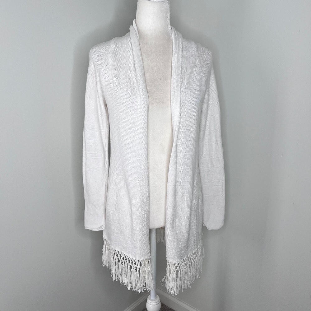 Lilly Pulitzer Tatum Long Sleeve Fringe Shawl Cardigan Sweater Resort White S